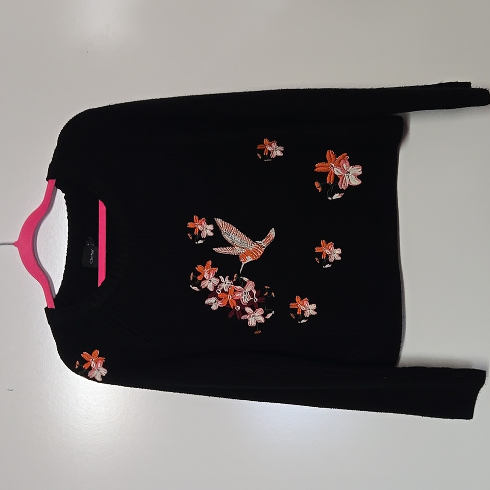 Cliché Long Sleeve Black Sweater w Embroidered Hummingbird & Flowers Sz Large